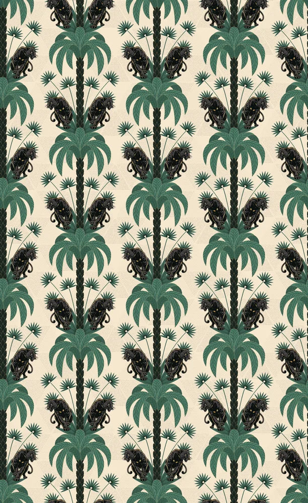 Dark emerald palm fronds arranged in elegant damask style repeat on black background - view 28 - repeat-original - final