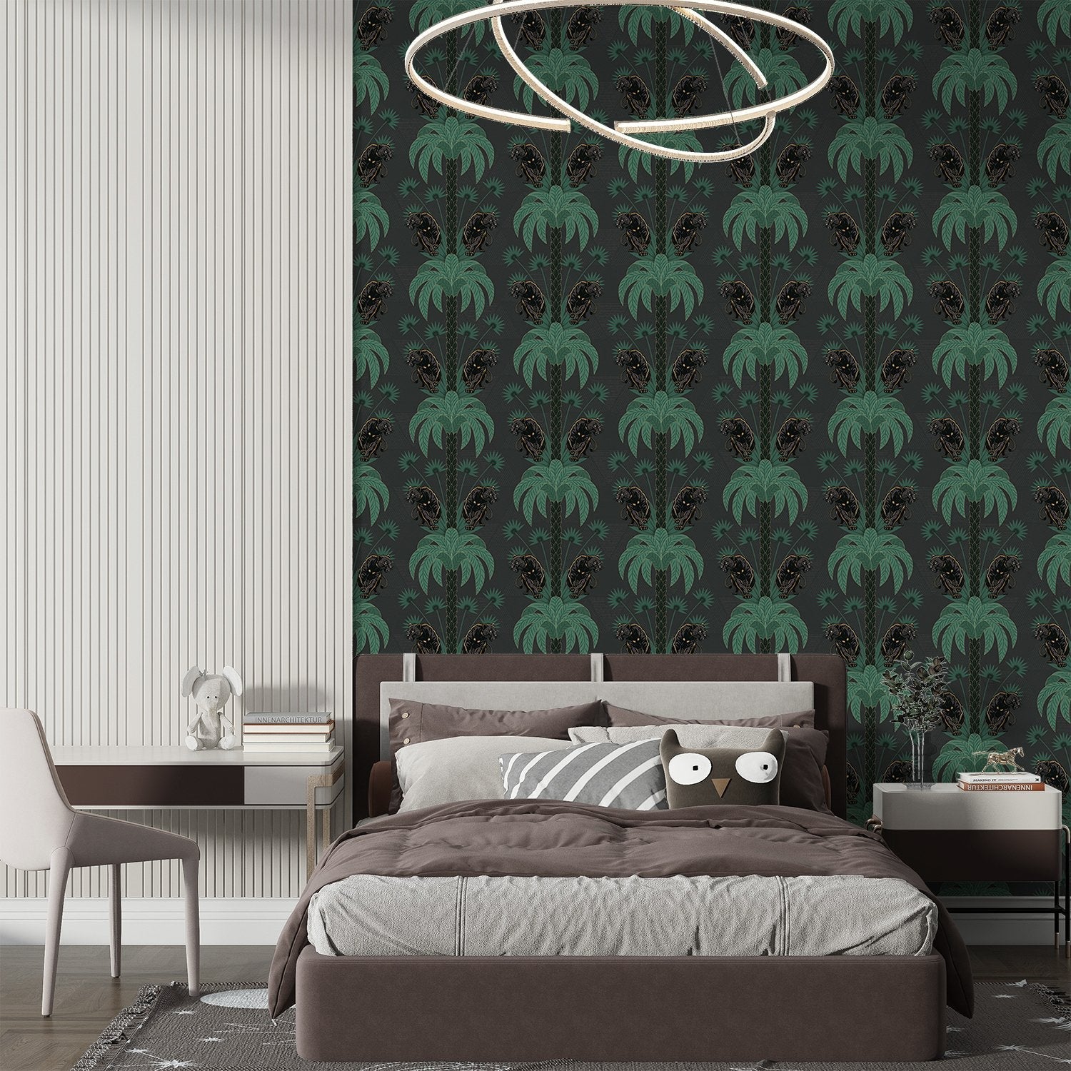 Dark emerald palm fronds arranged in elegant damask style repeat on black background - view 29 - final