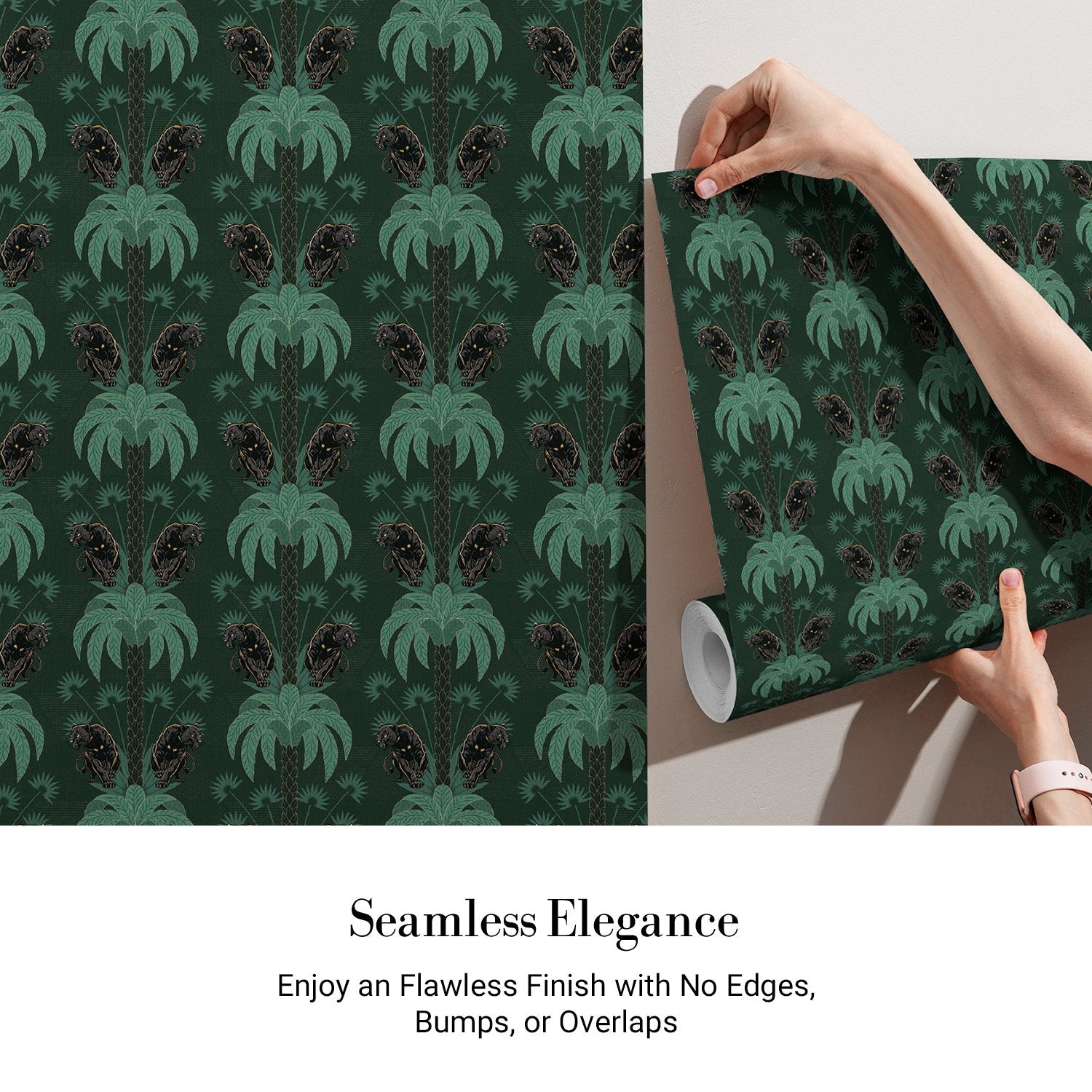 Dark emerald palm fronds arranged in elegant damask style repeat on black background - view 3 - final