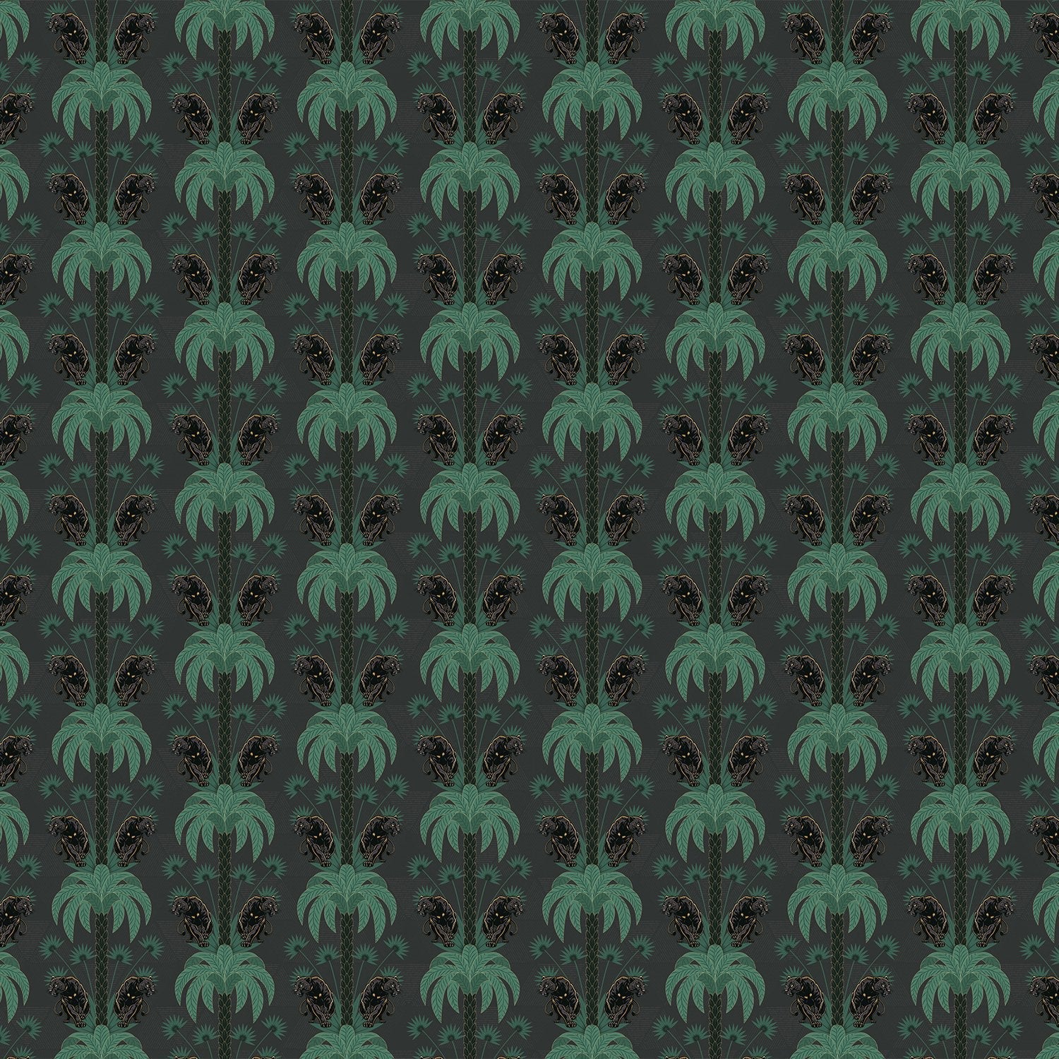 Dark emerald palm fronds arranged in elegant damask style repeat on black background - view 30 - final