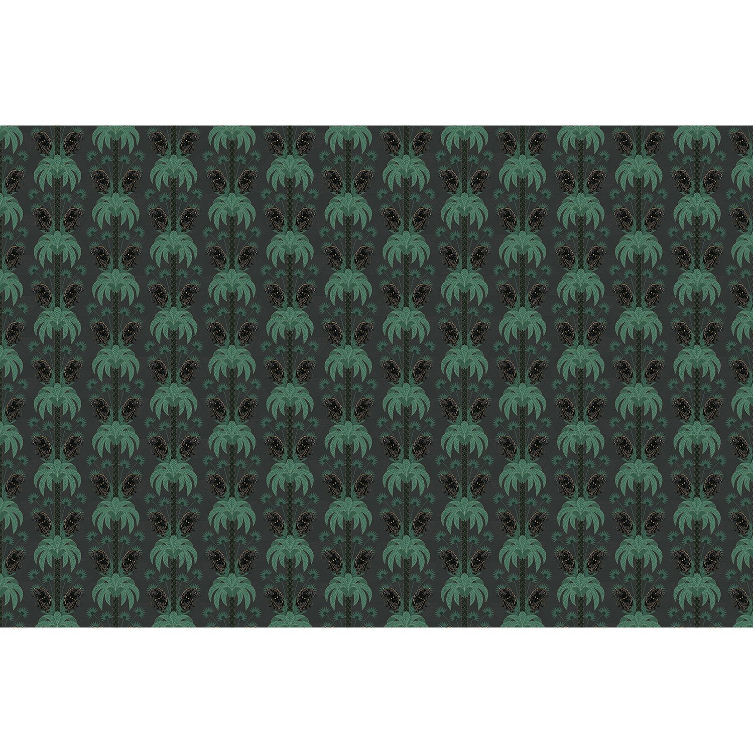Dark emerald palm fronds arranged in elegant damask style repeat on black background - view 31 - final