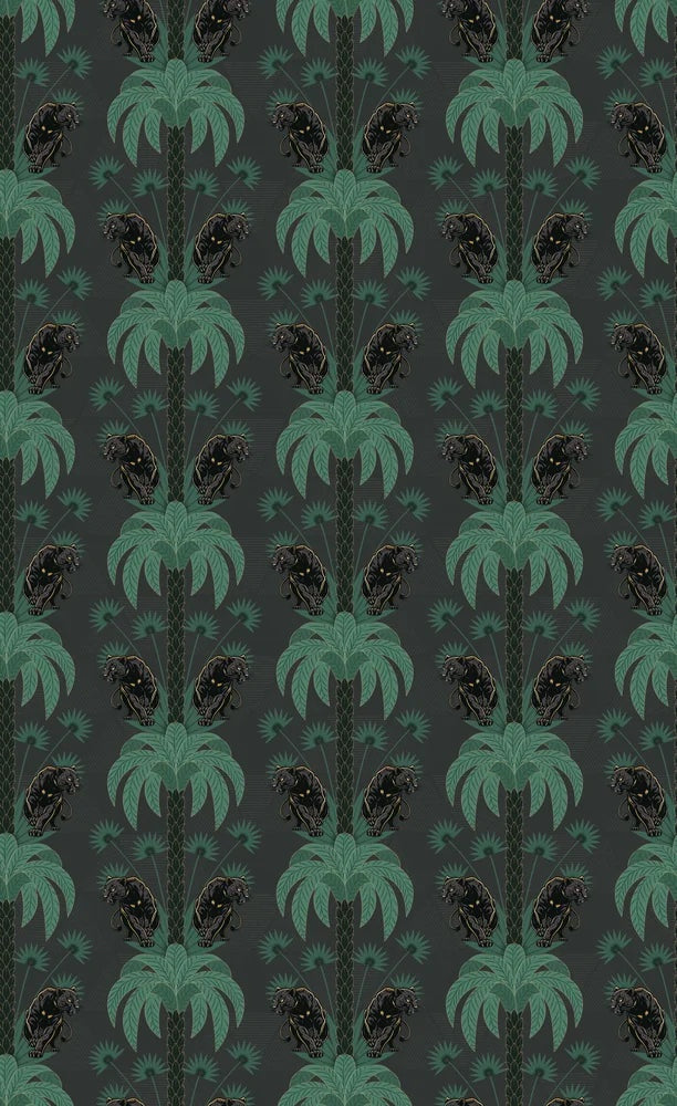 Dark emerald palm fronds arranged in elegant damask style repeat on black background - view 32 - repeat-original - final