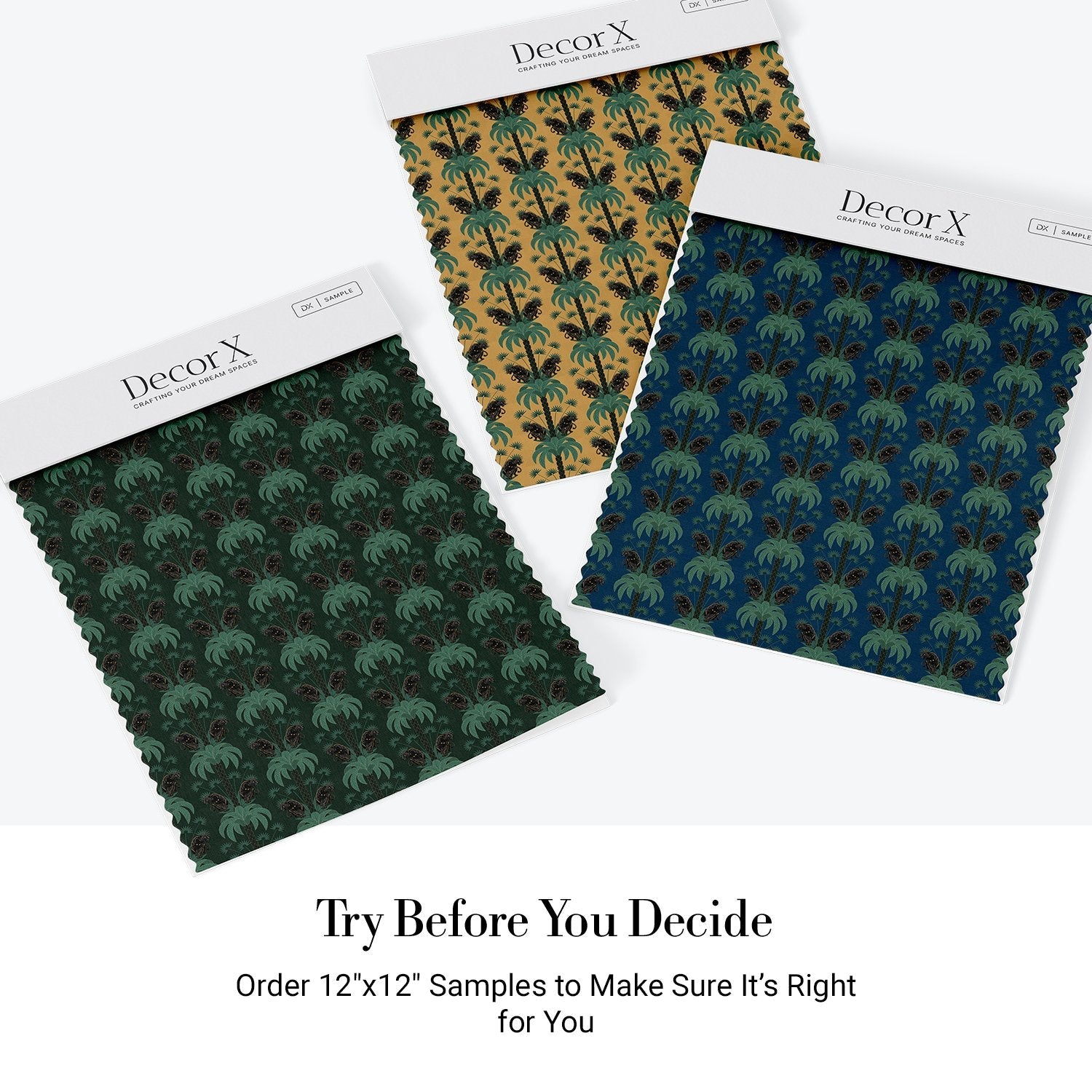 Dark emerald palm fronds arranged in elegant damask style repeat on black background - view 34 - final all-groups samples