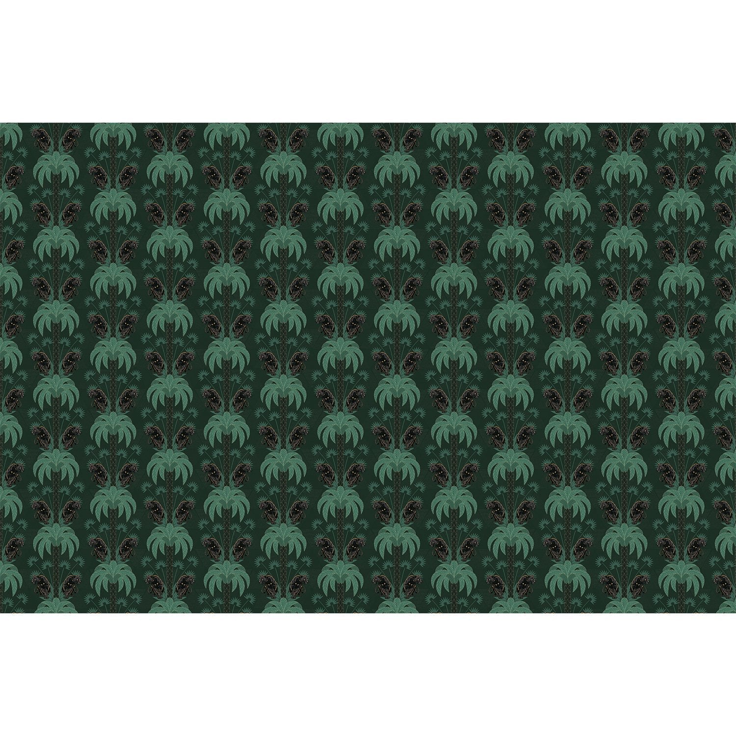 Dark emerald palm fronds arranged in elegant damask style repeat on black background - view 5 - repeat-full-square - final