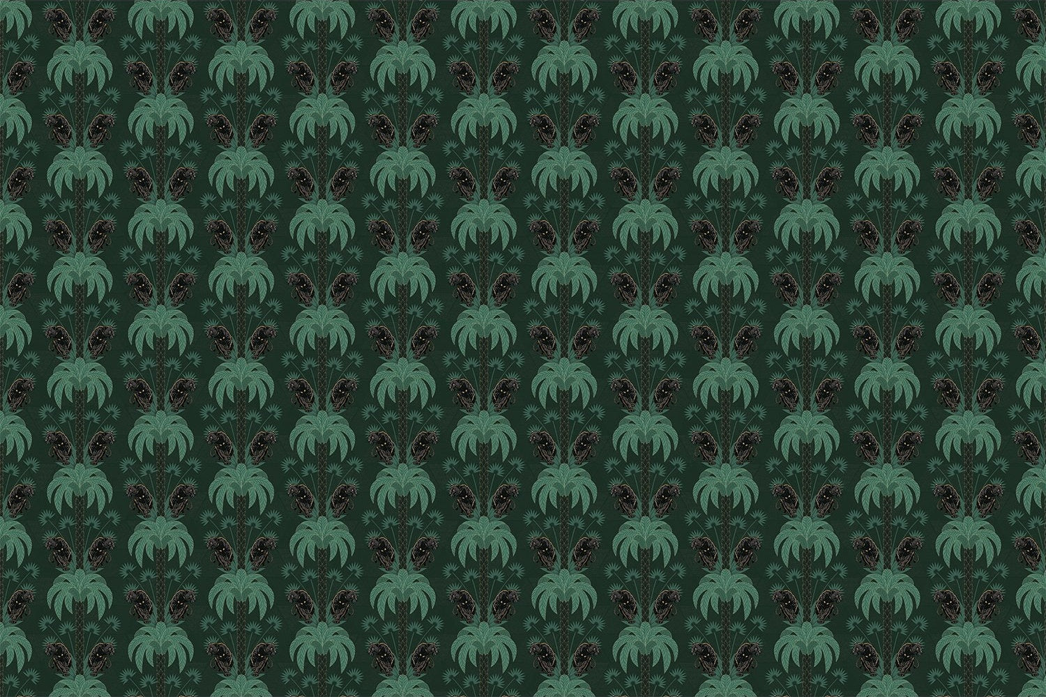 Dark emerald palm fronds arranged in elegant damask style repeat on black background - view 6 - final