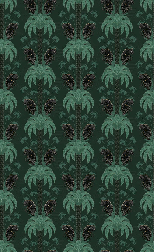 Dark emerald palm fronds arranged in elegant damask style repeat on black background - view 7 - repeat-original - final