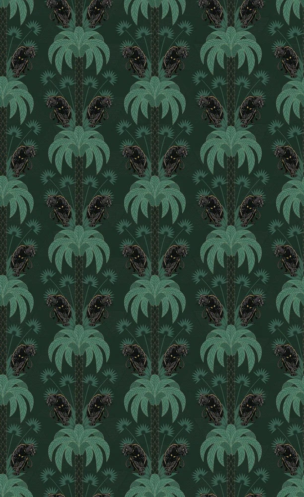 Dark emerald palm fronds arranged in elegant damask style repeat on black background - view 8 - repeat-small - final