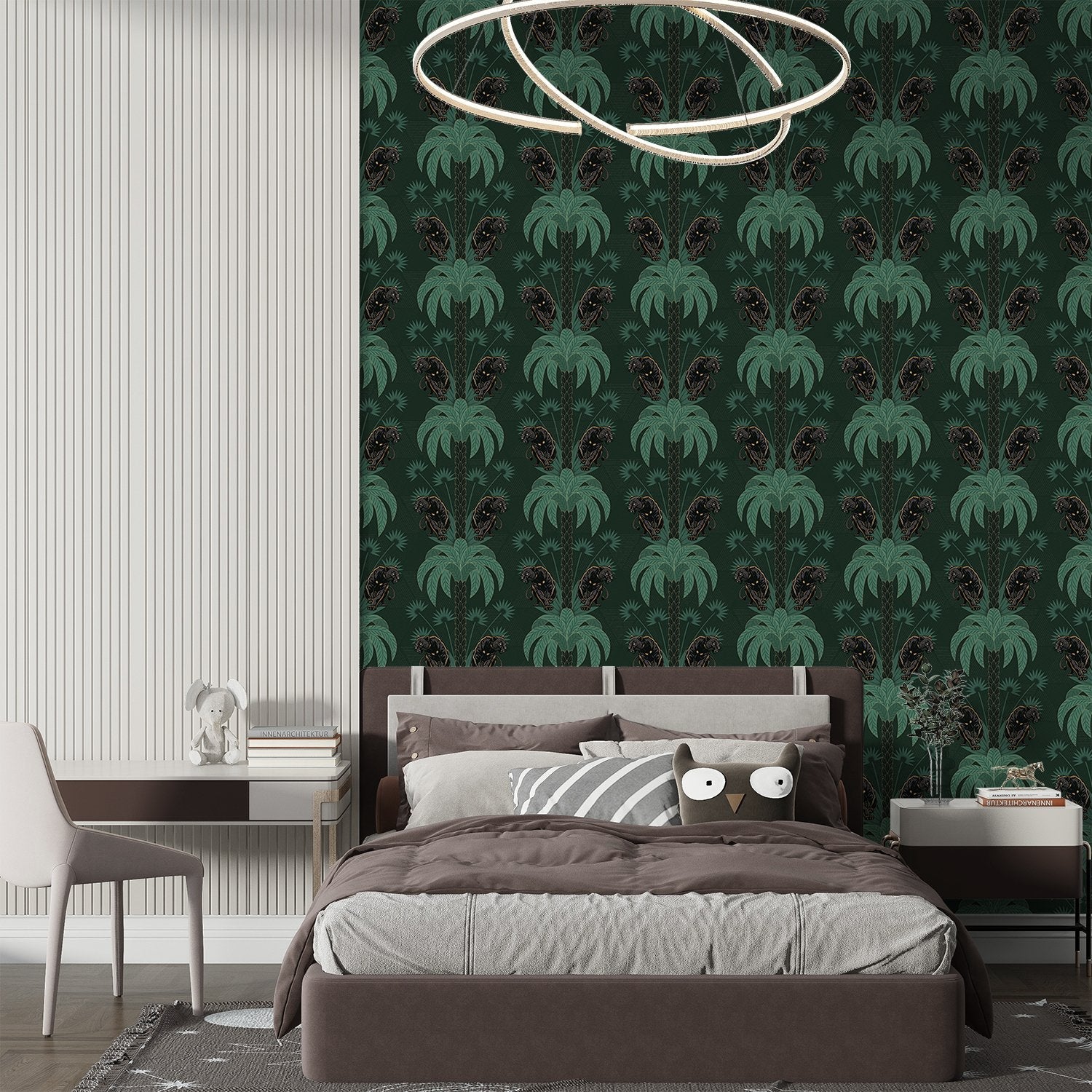 Dark emerald palm fronds arranged in elegant damask style repeat on black background - final bed-room