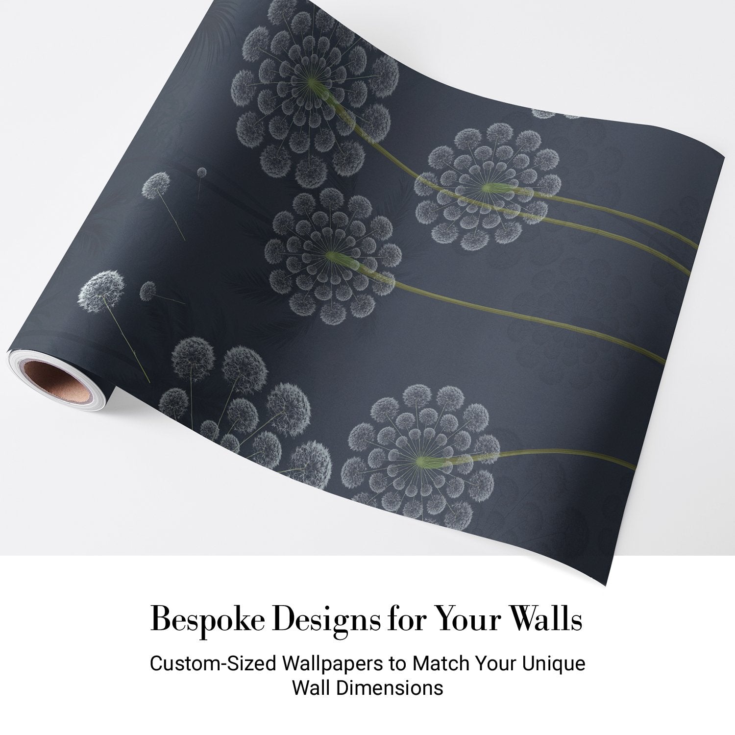 Stylized white dandelion flowers with spherical seedheads against deep emerald green background - view 10 - final