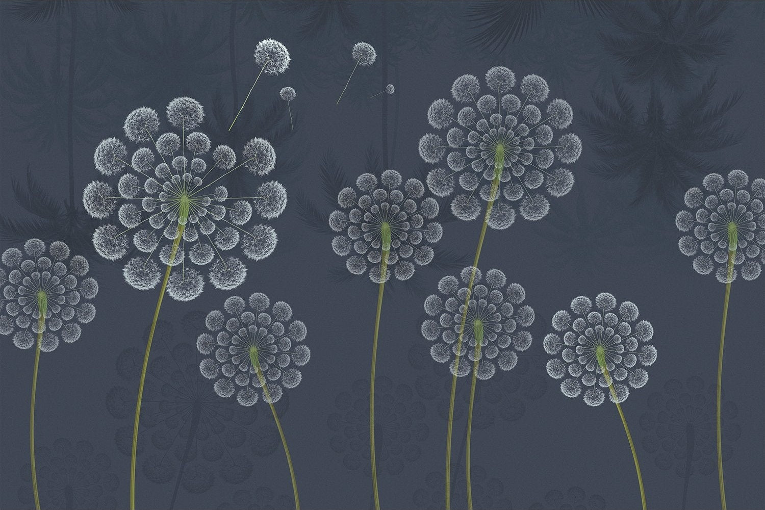 Stylized white dandelion flowers with spherical seedheads against deep emerald green background - view 12 - mural-inequal - final