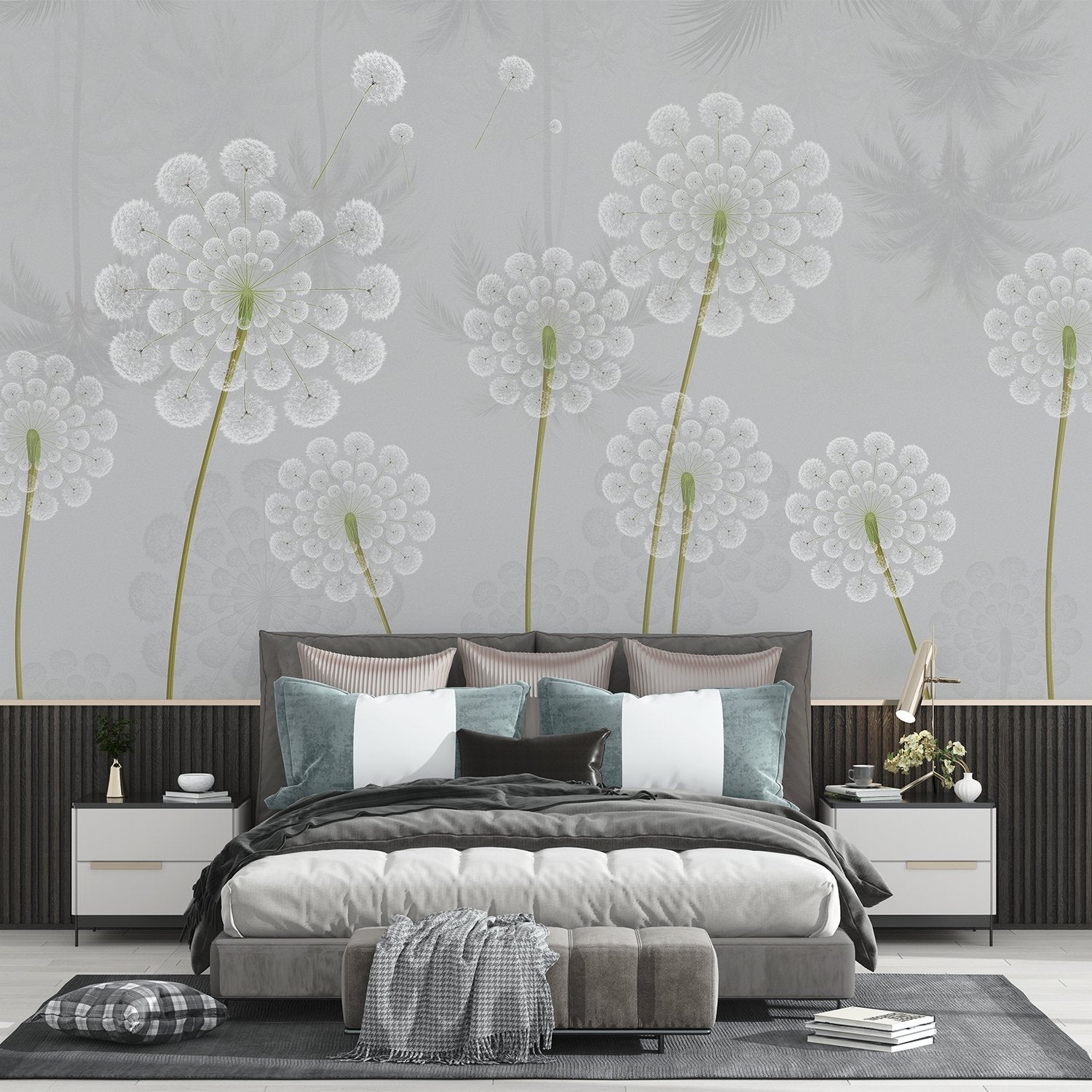 Stylized white dandelion flowers with spherical seedheads against deep emerald green background - view 13 - final