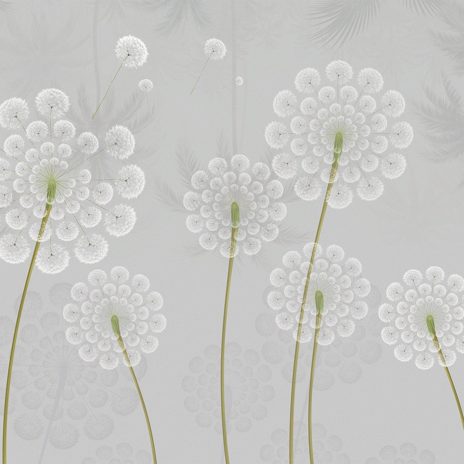 Stylized white dandelion flowers with spherical seedheads against deep emerald green background - view 14 - final