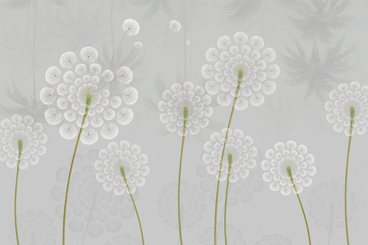 Stylized white dandelion flowers with spherical seedheads against deep emerald green background - view 15 - mural-inequal - final