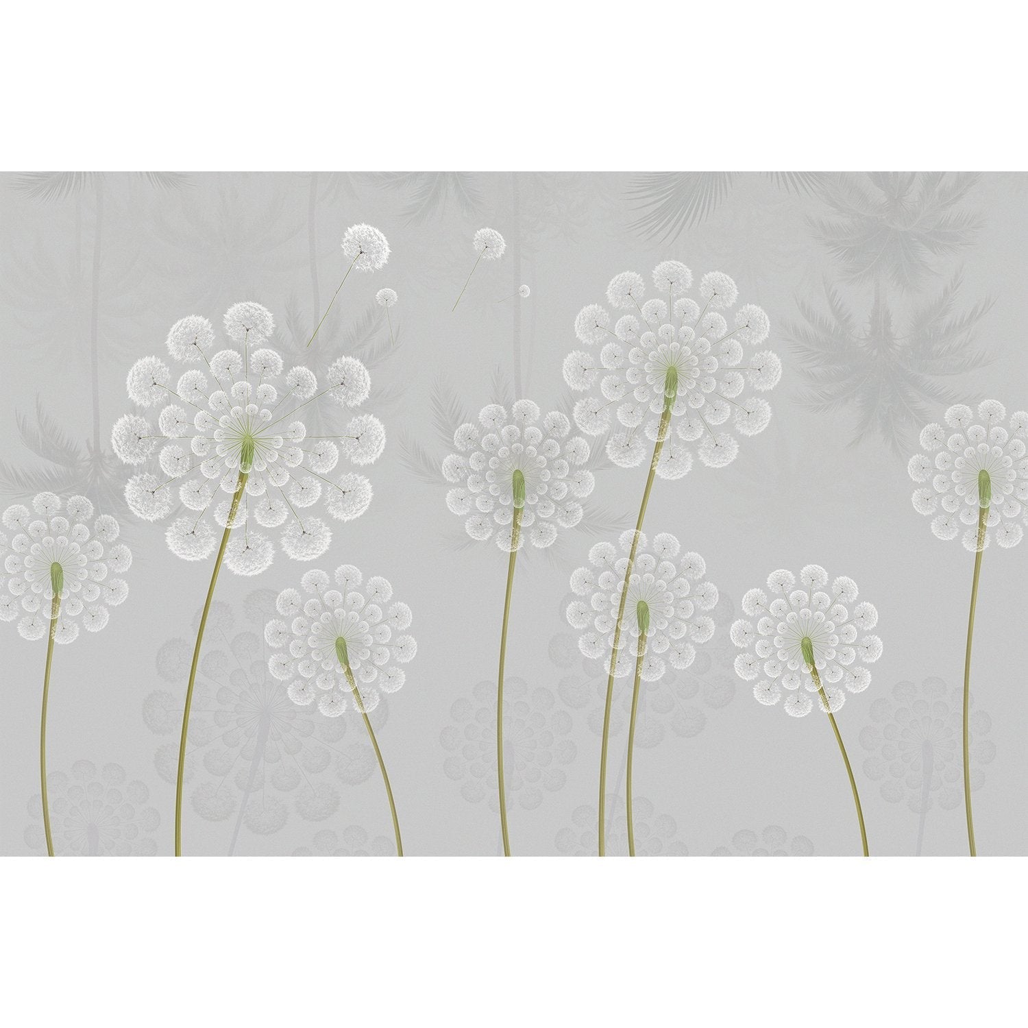 Stylized white dandelion flowers with spherical seedheads against deep emerald green background - view 16 - mural-equal - final