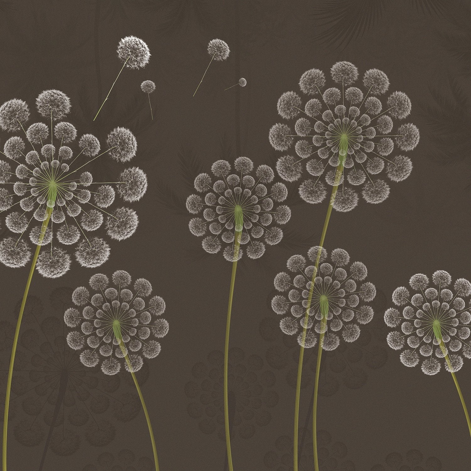 Stylized white dandelion flowers with spherical seedheads against deep emerald green background - view 18 - final