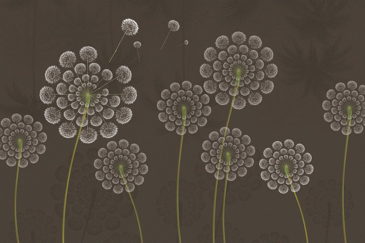 Stylized white dandelion flowers with spherical seedheads against deep emerald green background - view 19 - mural-inequal - final