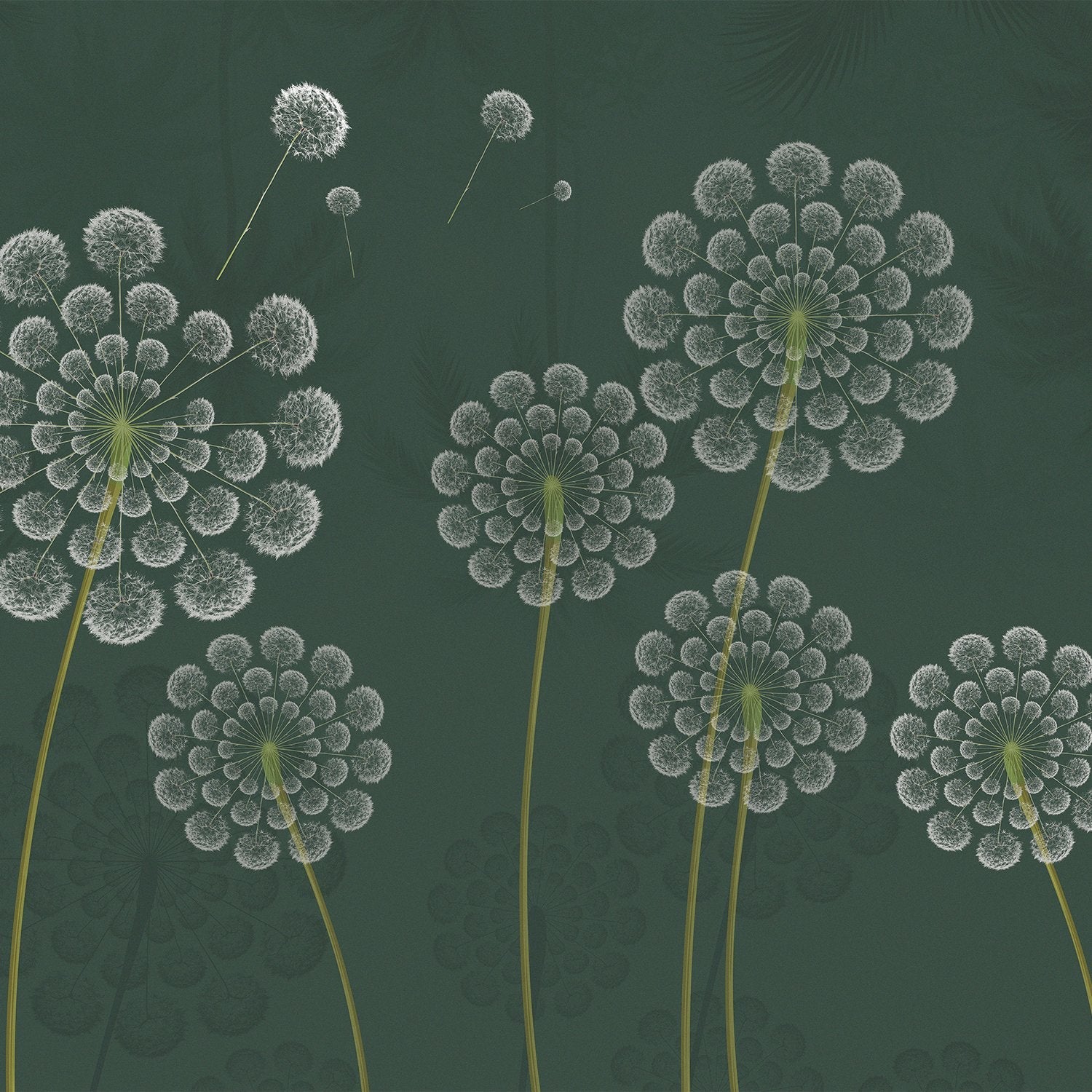 Stylized white dandelion flowers with spherical seedheads against deep emerald green background - view 2 - final