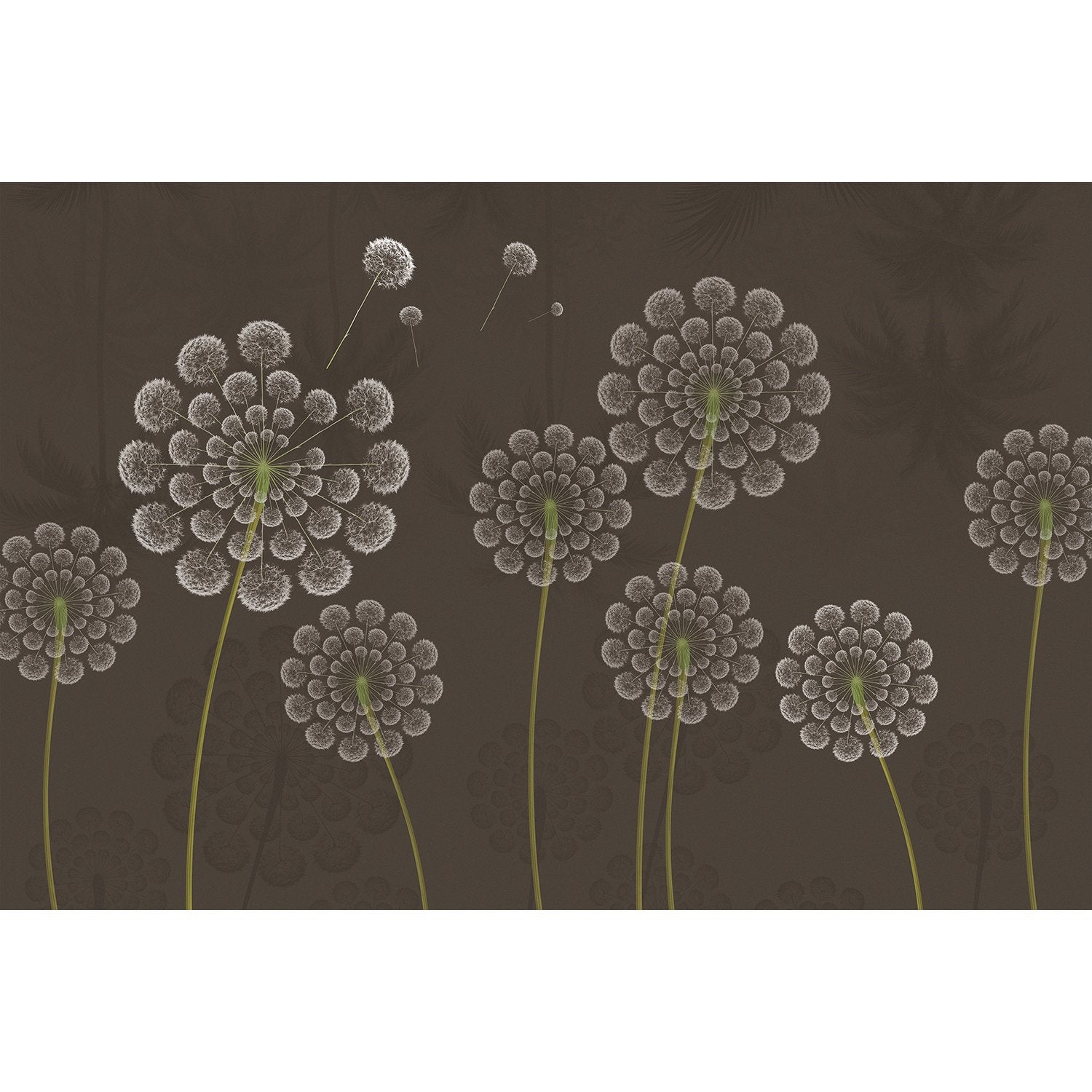 Stylized white dandelion flowers with spherical seedheads against deep emerald green background - view 20 - mural-equal - final
