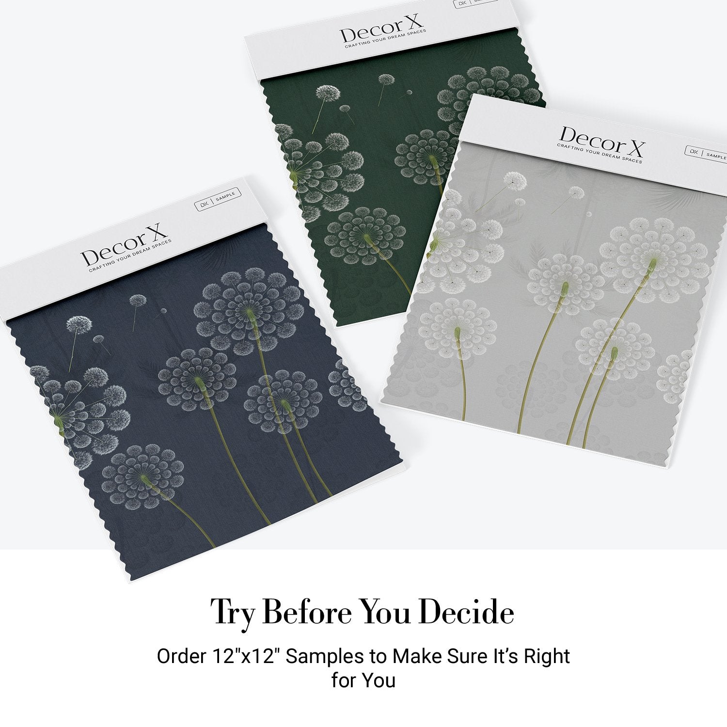 Stylized white dandelion flowers with spherical seedheads against deep emerald green background - view 21 - final all-groups samples