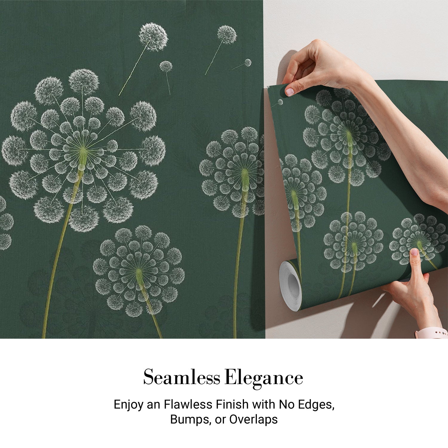 Stylized white dandelion flowers with spherical seedheads against deep emerald green background - view 3 - final