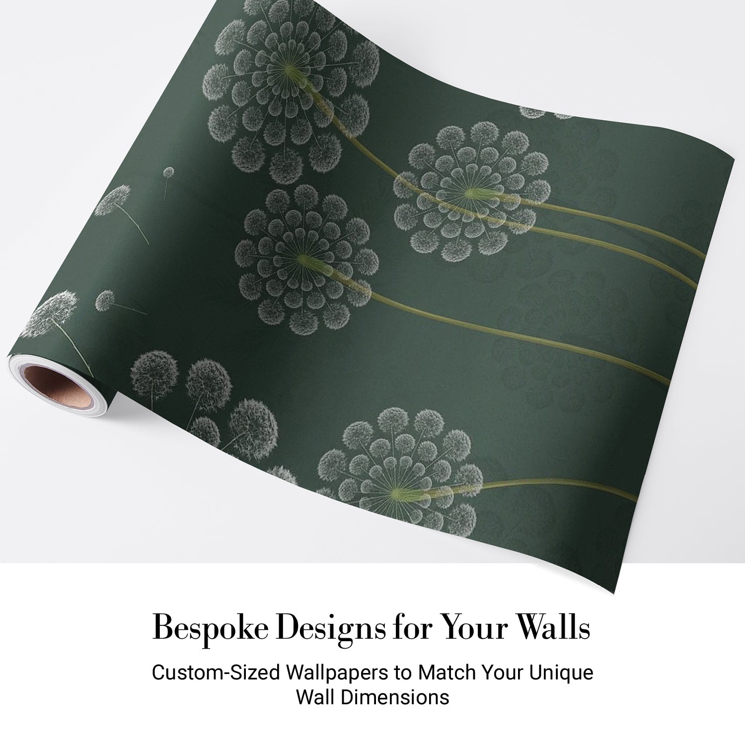 Stylized white dandelion flowers with spherical seedheads against deep emerald green background - view 4 - final