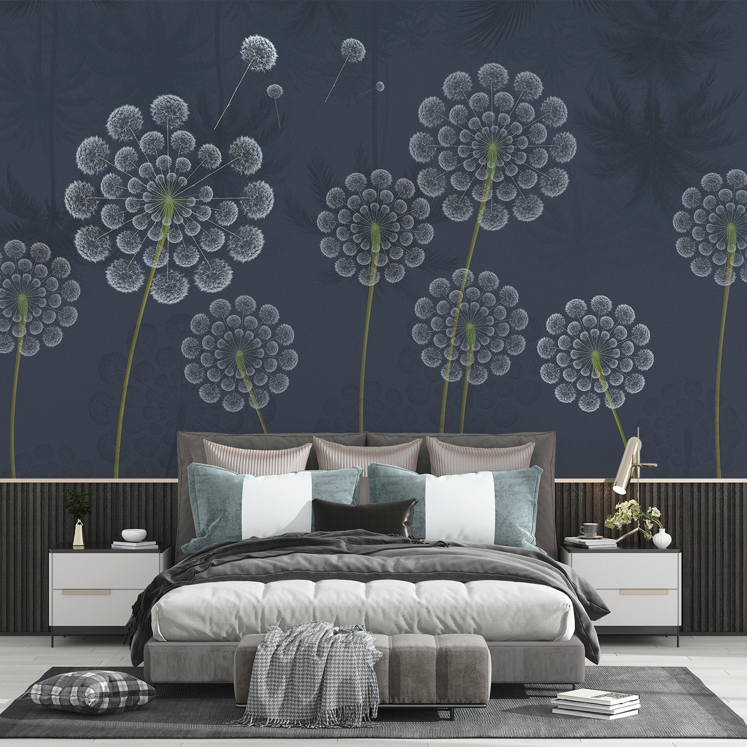 Stylized white dandelion flowers with spherical seedheads against deep emerald green background - view 7 - final