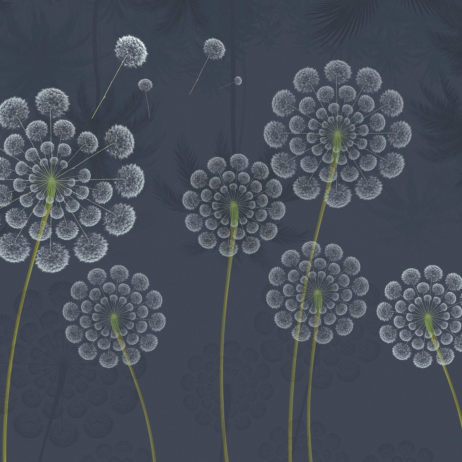 Stylized white dandelion flowers with spherical seedheads against deep emerald green background - view 8 - final