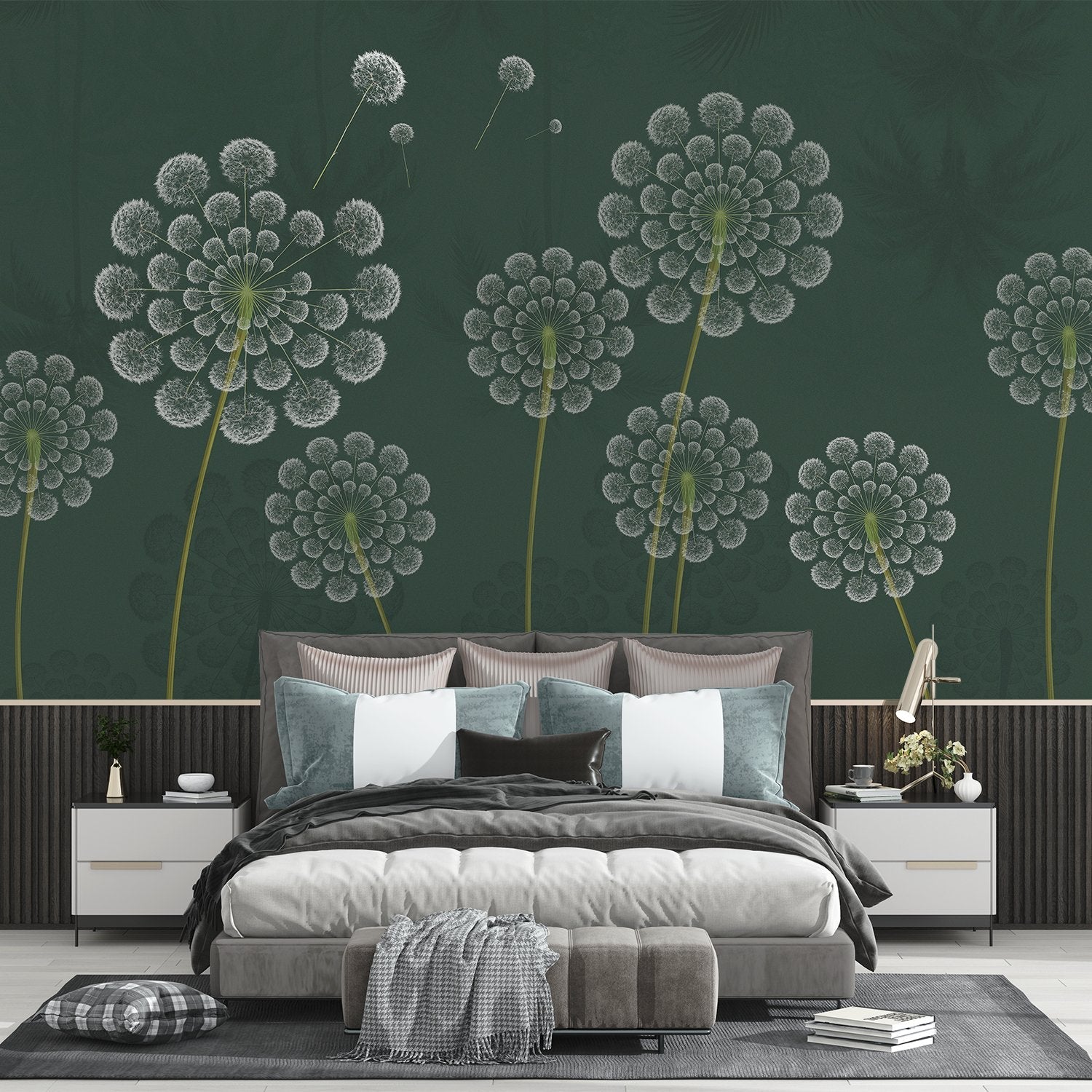 Stylized white dandelion flowers with spherical seedheads against deep emerald green background - final bed-room