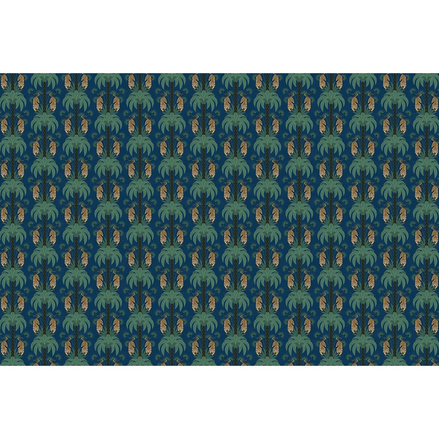 Repeating emerald green palm trees with golden tigers create luxurious tropical damask pattern - view 10 - final
