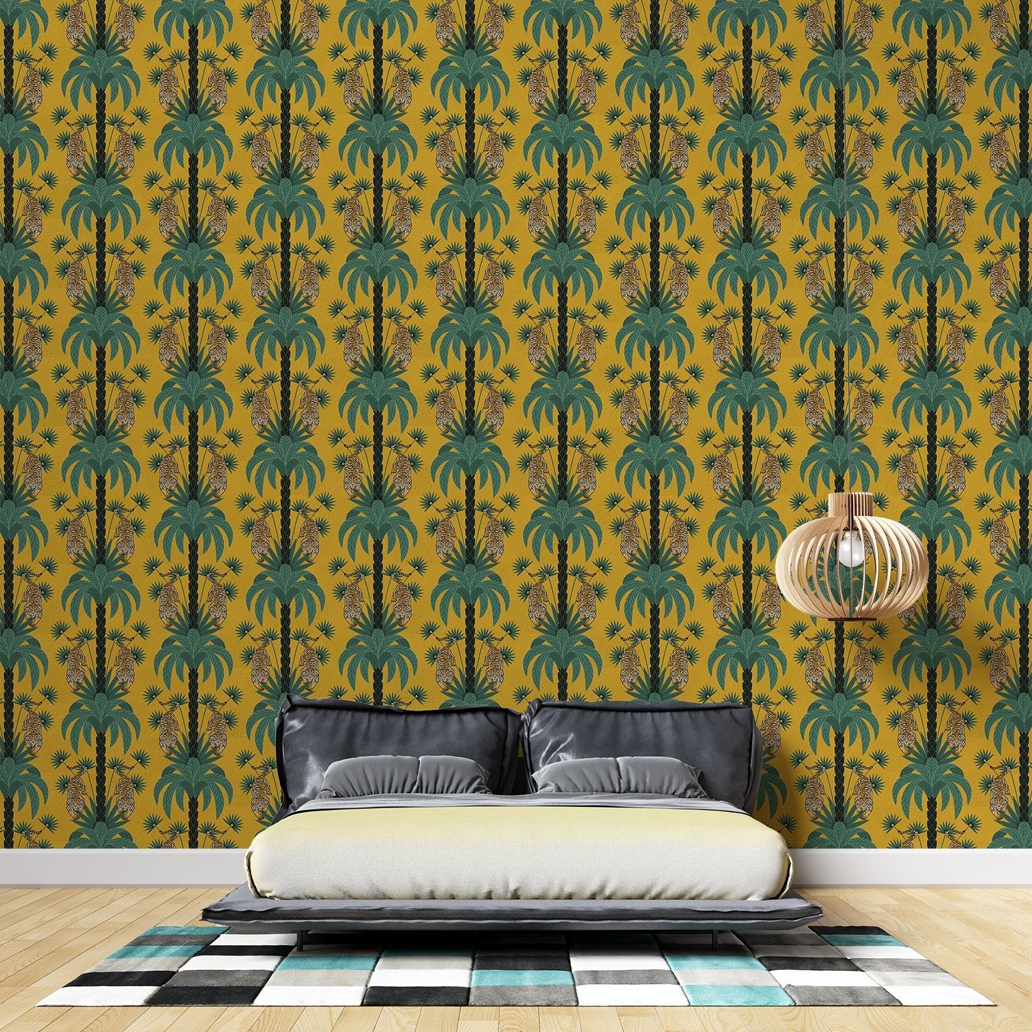 Repeating emerald green palm trees with golden tigers create luxurious tropical damask pattern - view 13 - final