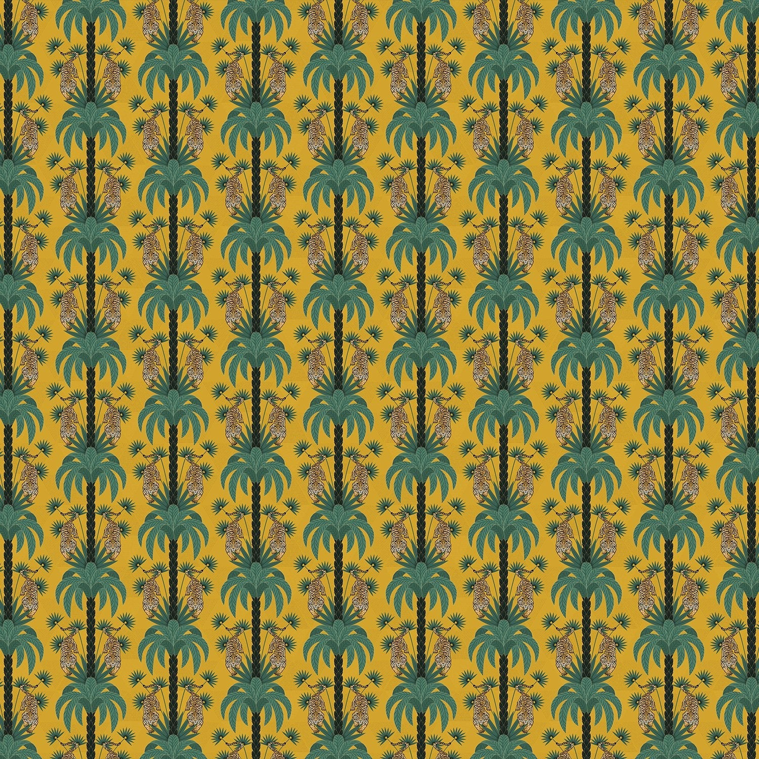 Repeating emerald green palm trees with golden tigers create luxurious tropical damask pattern - view 14 - final