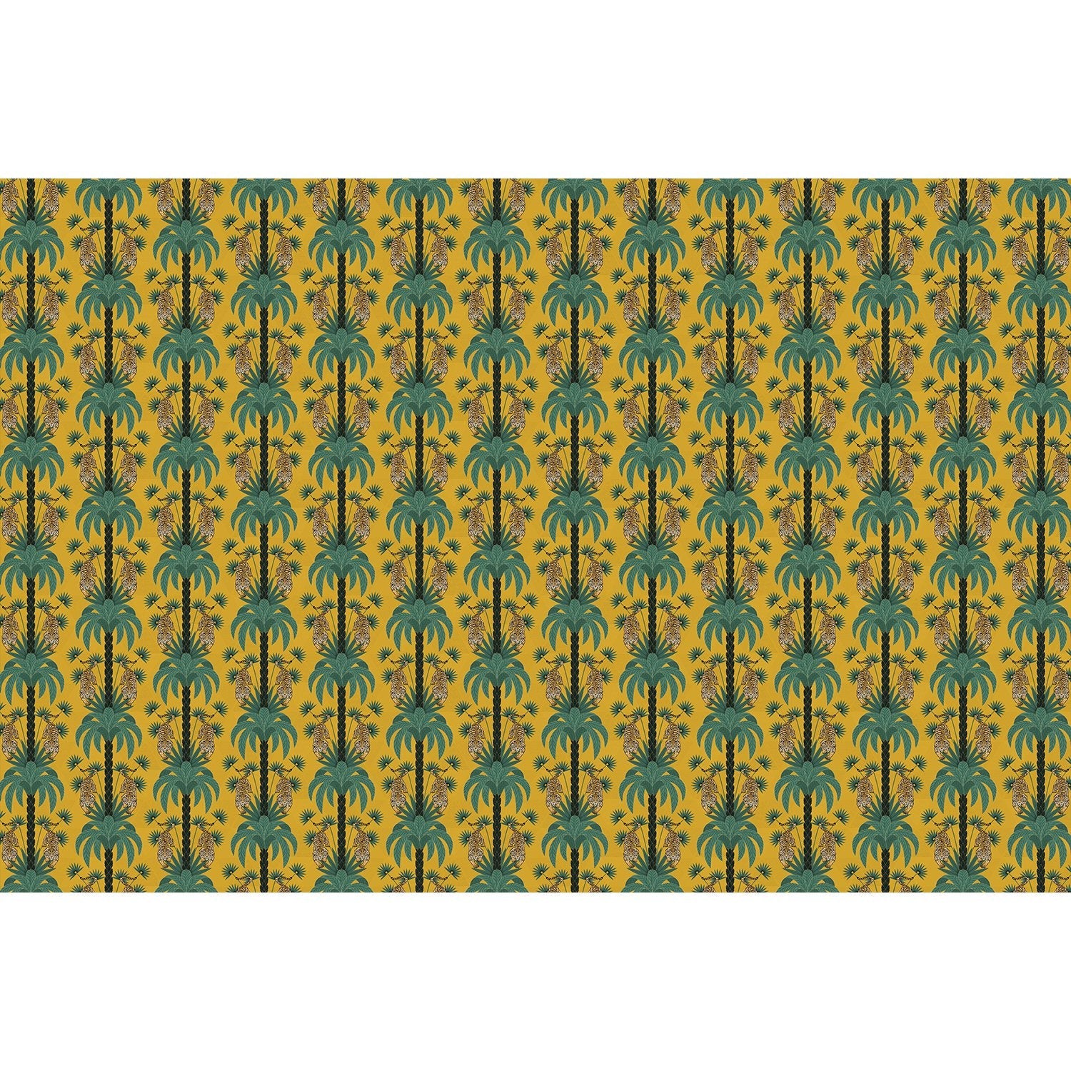 Repeating emerald green palm trees with golden tigers create luxurious tropical damask pattern - view 15 - final