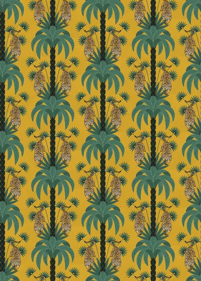 Repeating emerald green palm trees with golden tigers create luxurious tropical damask pattern - view 16 - repeat-original - final