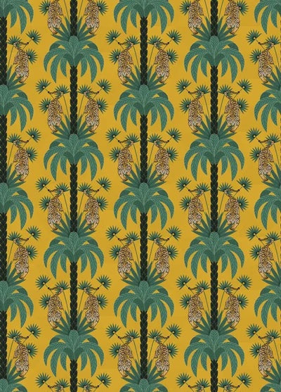 Repeating emerald green palm trees with golden tigers create luxurious tropical damask pattern - view 17 - repeat-small - final
