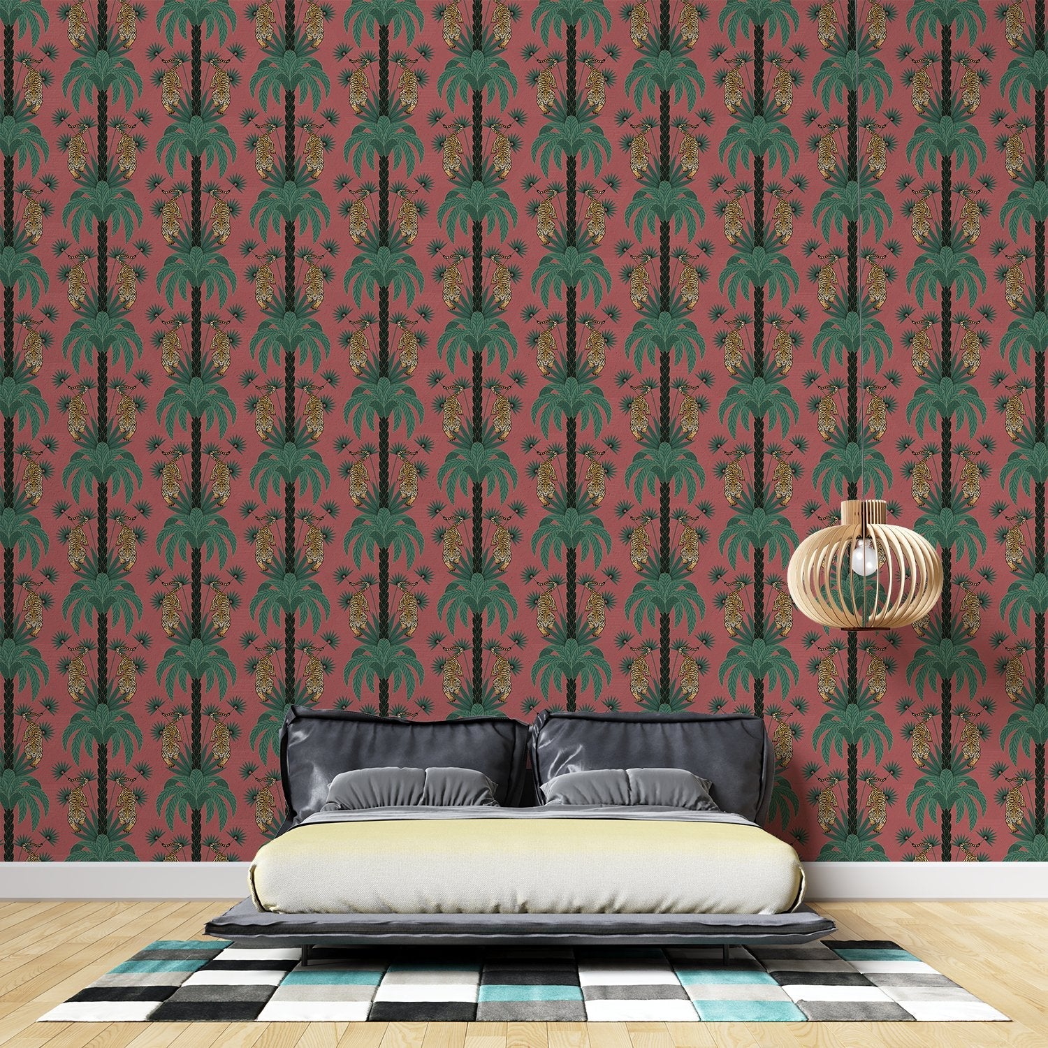 Repeating emerald green palm trees with golden tigers create luxurious tropical damask pattern - view 18 - final