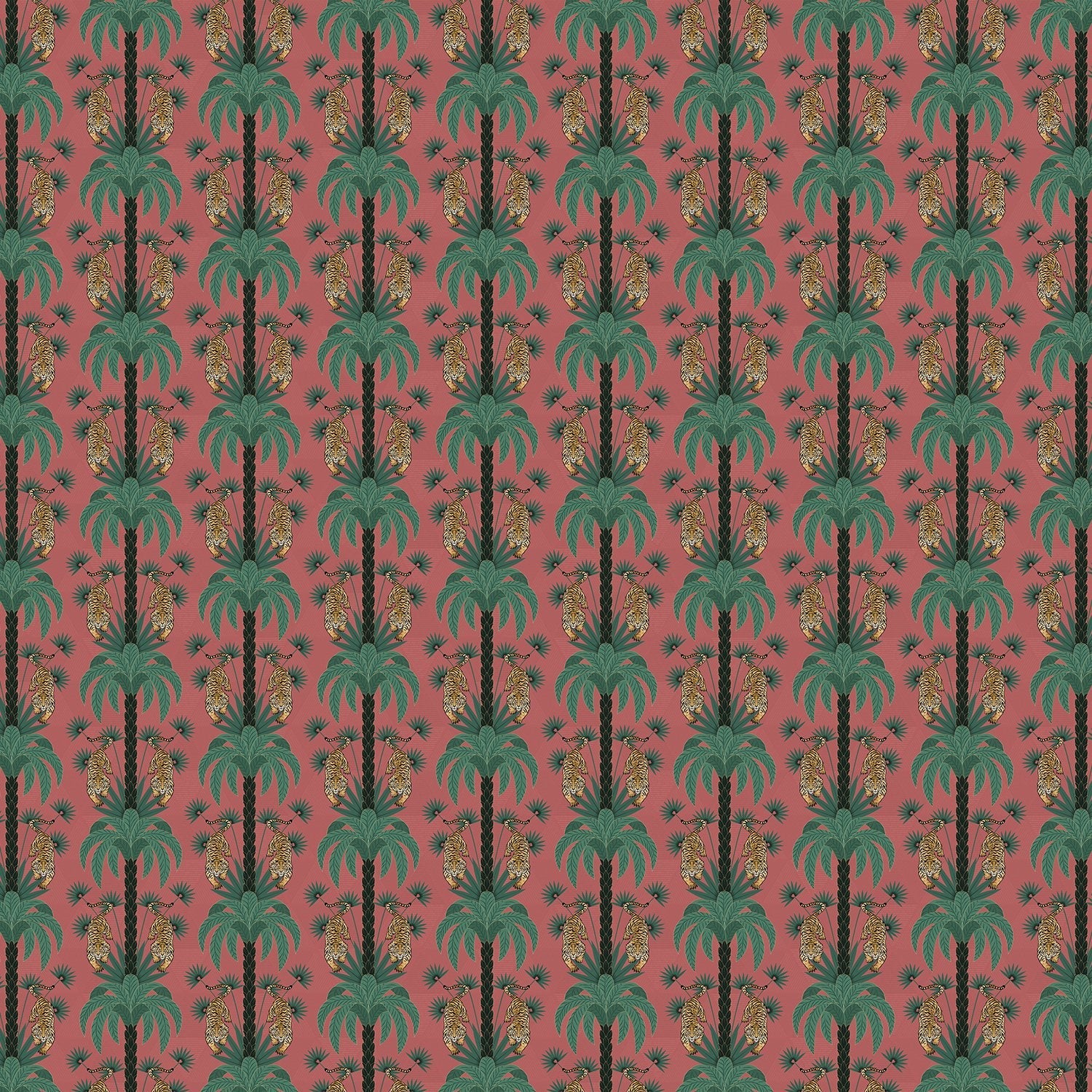 Repeating emerald green palm trees with golden tigers create luxurious tropical damask pattern - view 19 - final