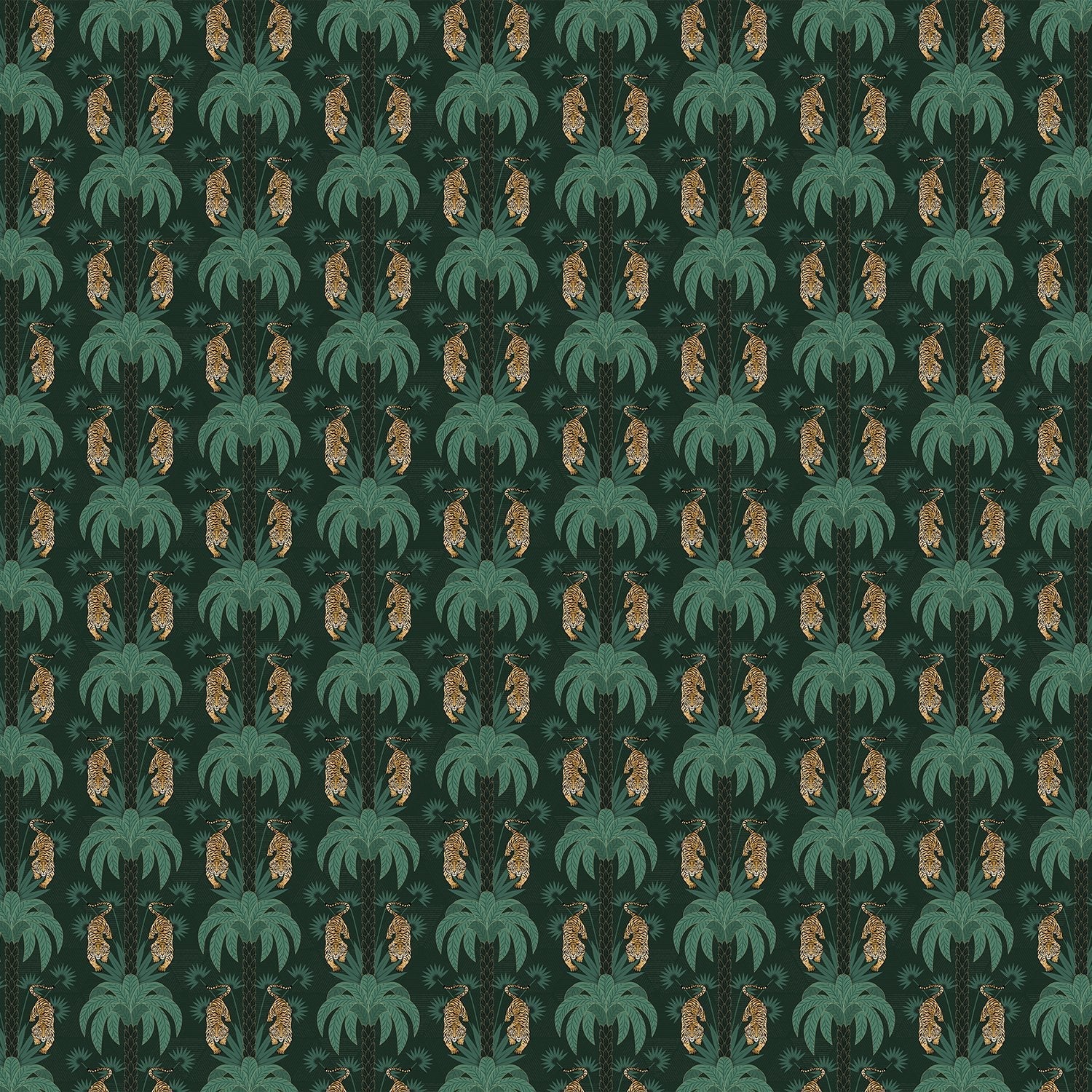 Repeating emerald green palm trees with golden tigers create luxurious tropical damask pattern - view 2 - final