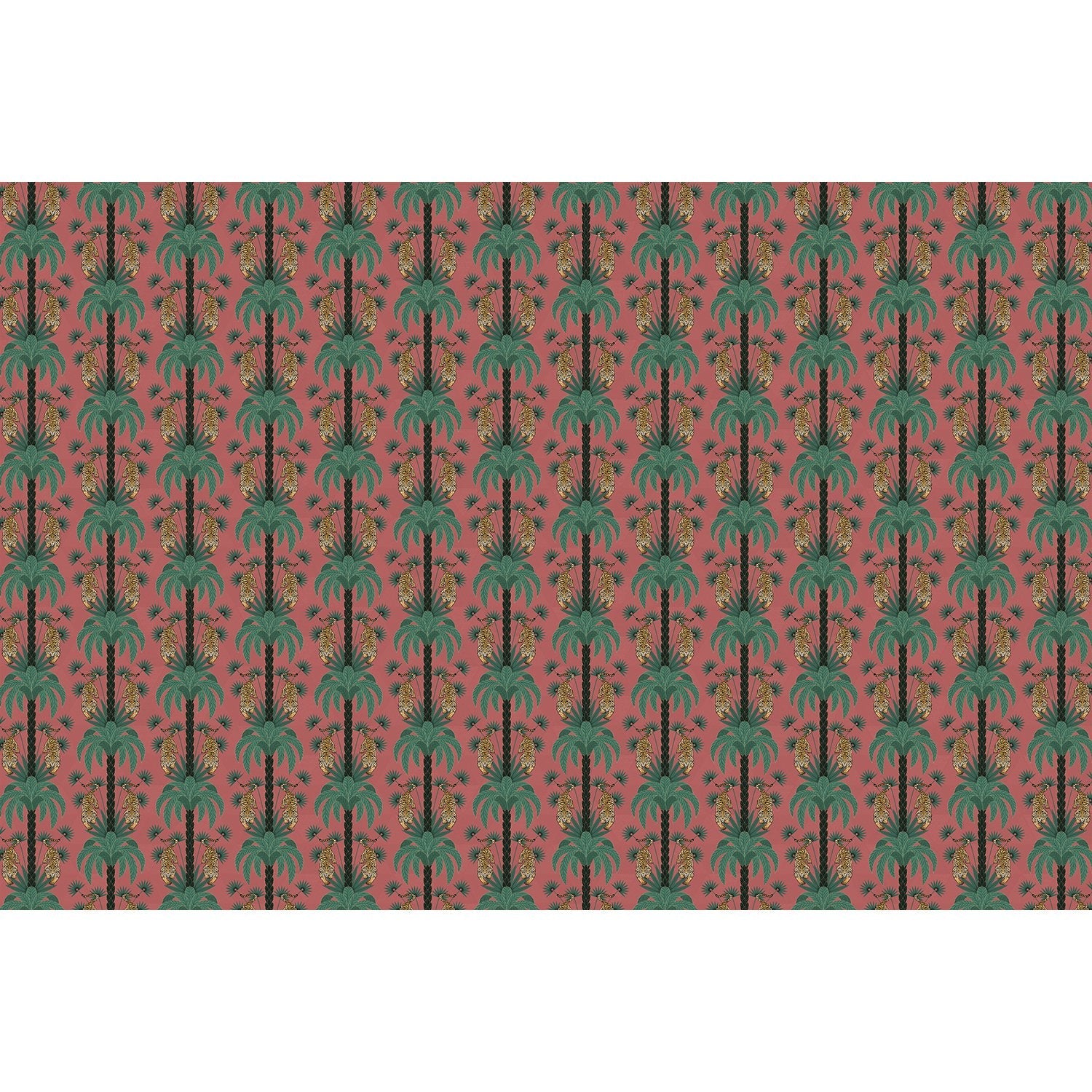 Repeating emerald green palm trees with golden tigers create luxurious tropical damask pattern - view 20 - final