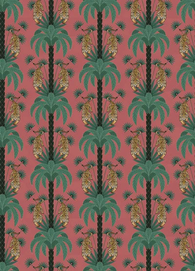 Repeating emerald green palm trees with golden tigers create luxurious tropical damask pattern - view 21 - repeat-original - final