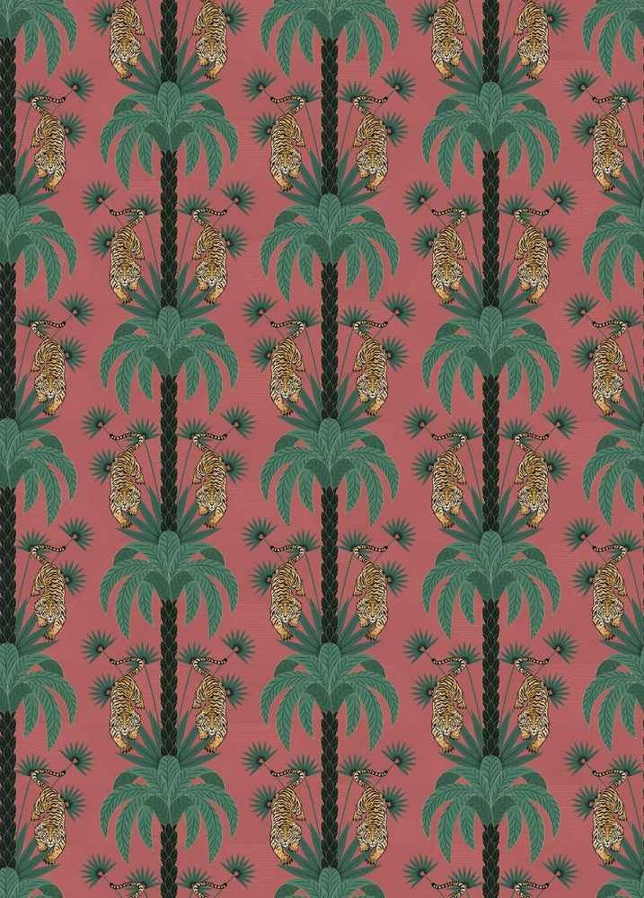 Repeating emerald green palm trees with golden tigers create luxurious tropical damask pattern - view 22 - repeat-small - final