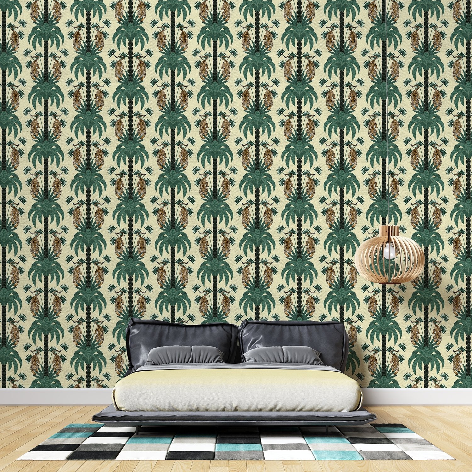 Repeating emerald green palm trees with golden tigers create luxurious tropical damask pattern - view 23 - final