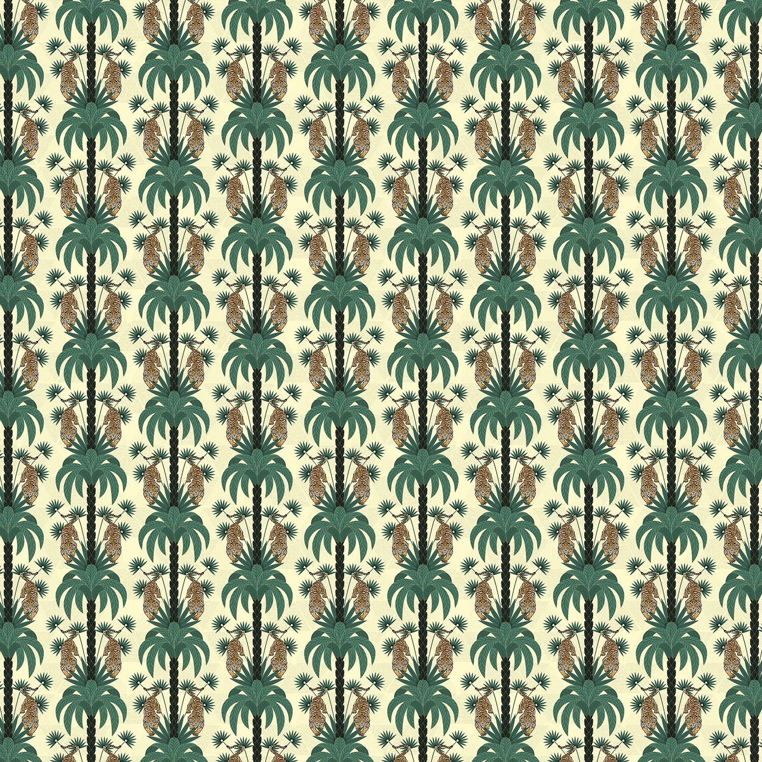 Repeating emerald green palm trees with golden tigers create luxurious tropical damask pattern - view 24 - final