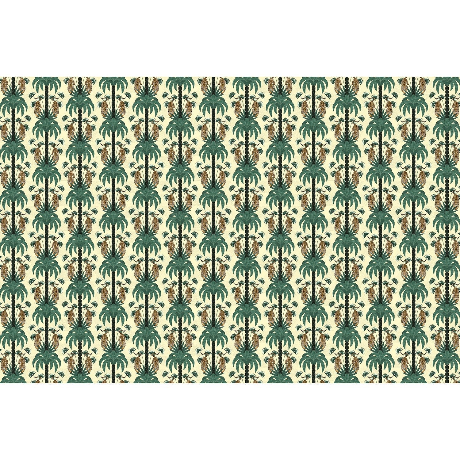 Repeating emerald green palm trees with golden tigers create luxurious tropical damask pattern - view 25 - final