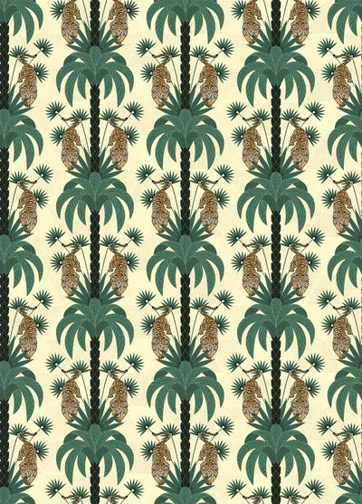 Repeating emerald green palm trees with golden tigers create luxurious tropical damask pattern - view 27 - repeat-small - final
