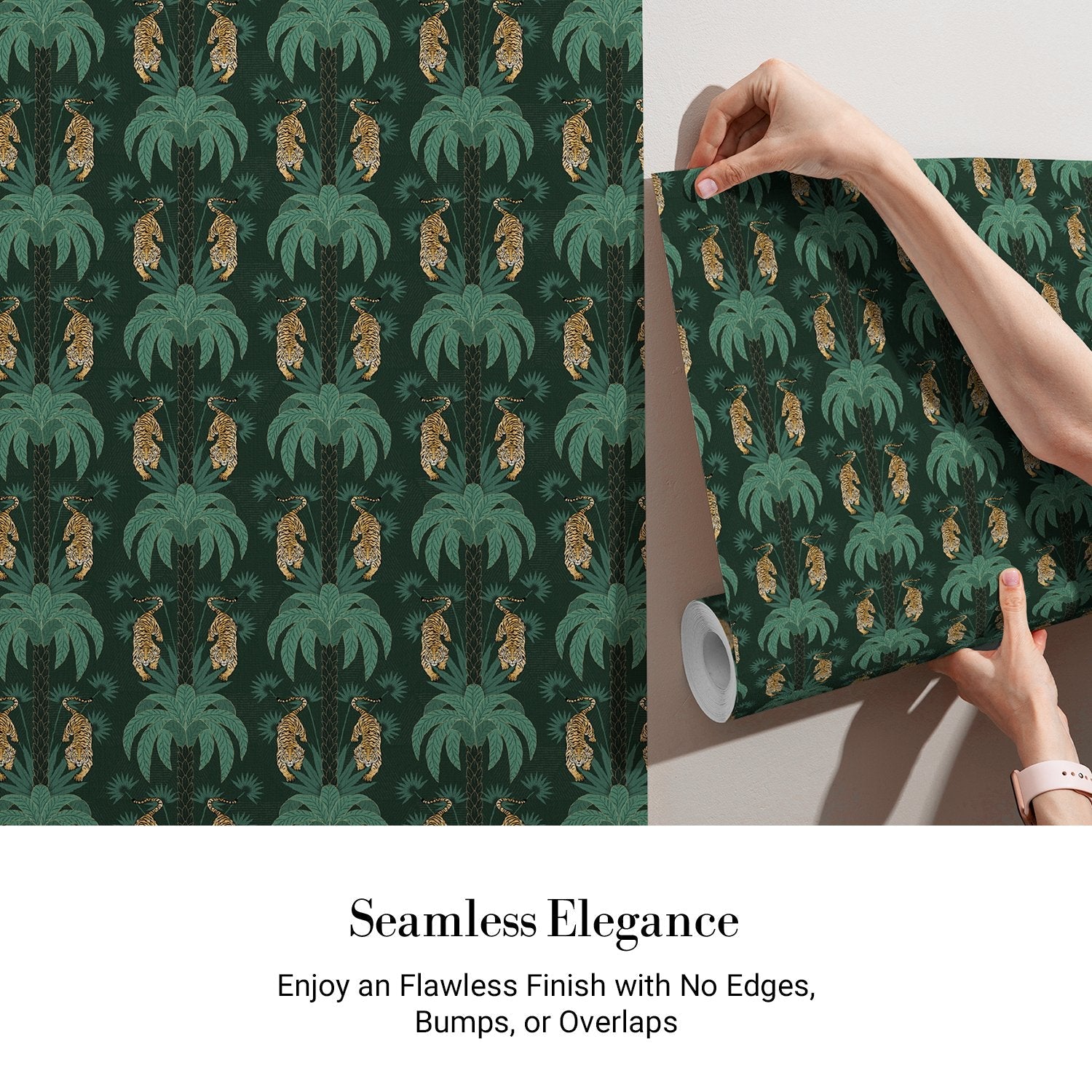 Repeating emerald green palm trees with golden tigers create luxurious tropical damask pattern - view 3 - final