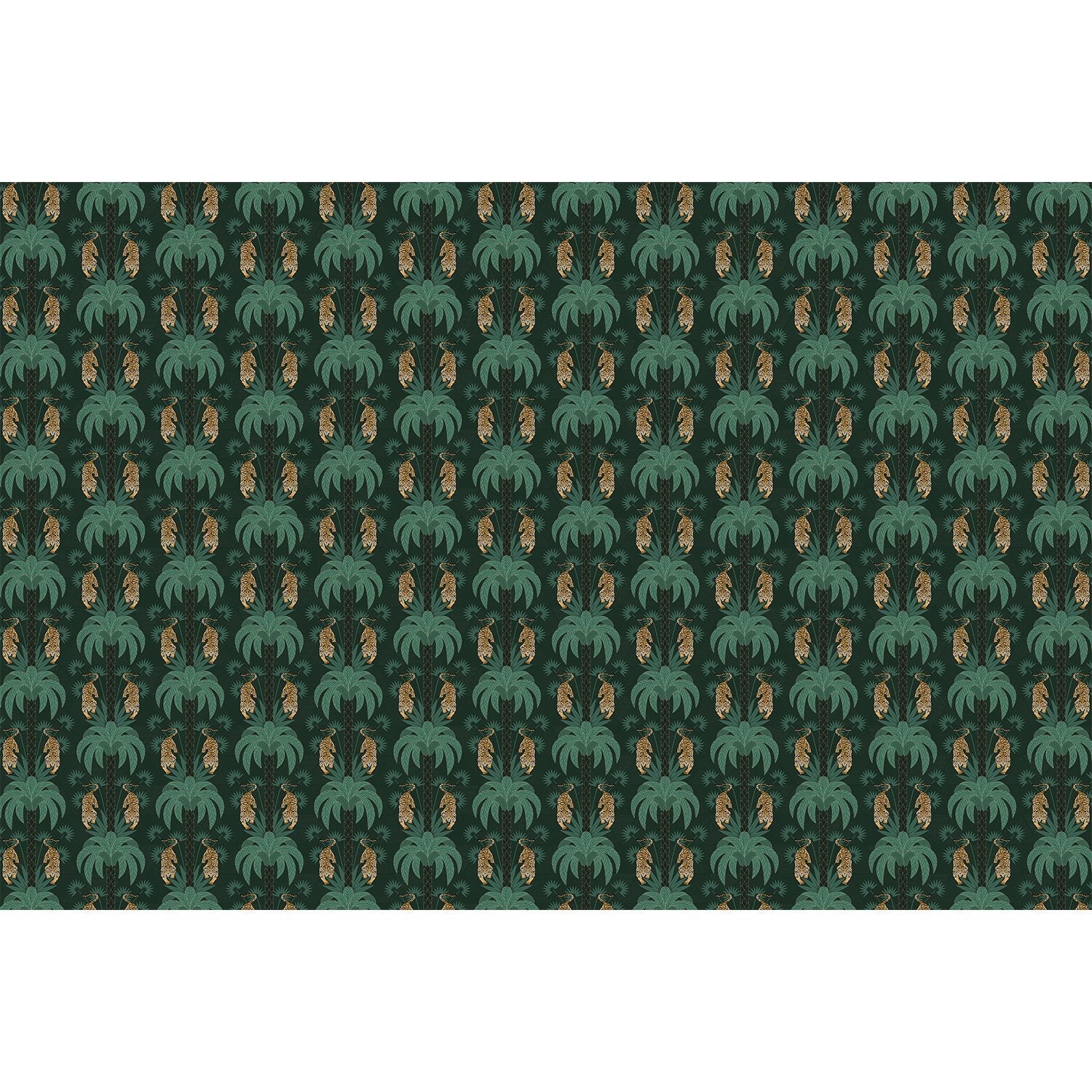 Repeating emerald green palm trees with golden tigers create luxurious tropical damask pattern - view 5 - repeat-full-square - final