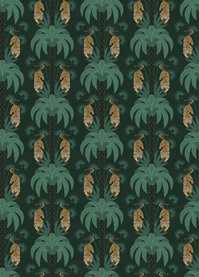 Repeating emerald green palm trees with golden tigers create luxurious tropical damask pattern - view 7 - repeat-small - final