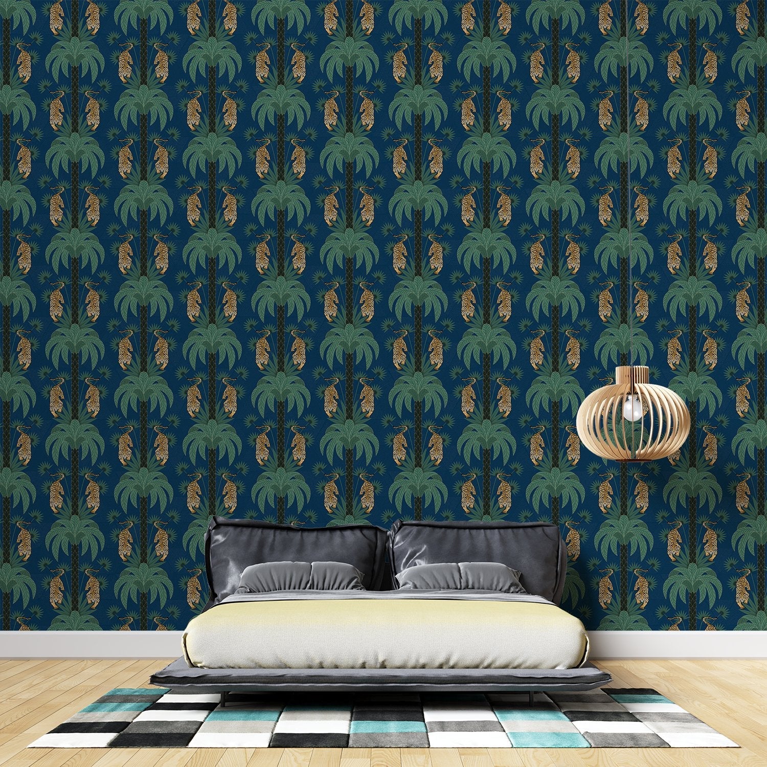Repeating emerald green palm trees with golden tigers create luxurious tropical damask pattern - view 8 - final