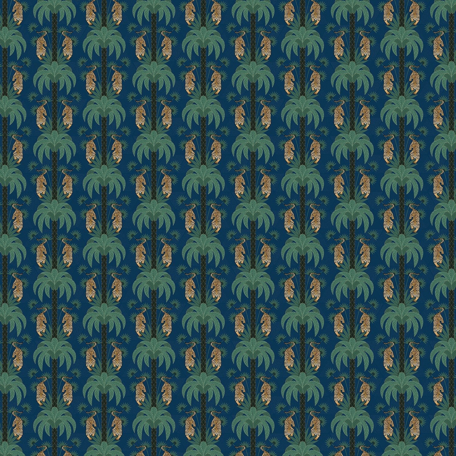Repeating emerald green palm trees with golden tigers create luxurious tropical damask pattern - view 9 - final