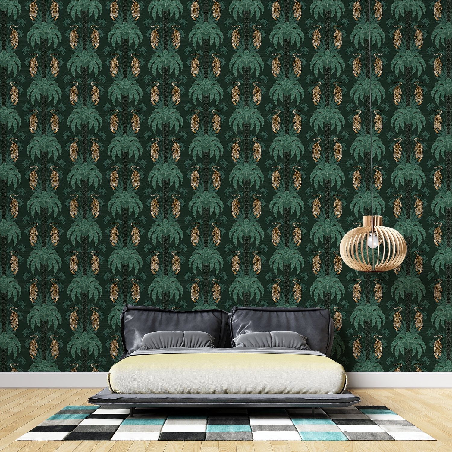 Repeating emerald green palm trees with golden tigers create luxurious tropical damask pattern - final bed-roomm